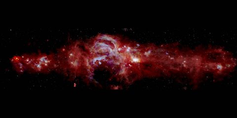 Composite infrared image of the center of our Milky Way galaxy. It spans 600+ light-years across and is helping scientists learn how many massive stars are forming in our galaxy’s center. (NASA/SOFIA/JPL-Caltech/ESA/Herschel)