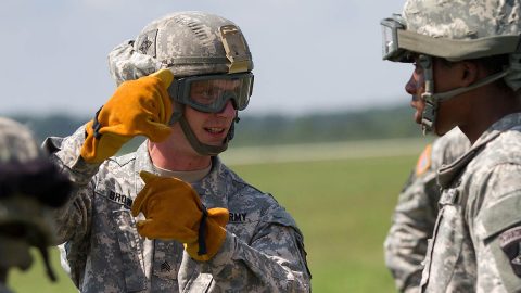 Sgt. Michael Brown, a maintenance and recovery section leader for the 584th Support Maintenance Company, 129th Combat Sustainment Support Battalion, 101st Sustainment Brigade, 101st Airborne Division, reviews sling load procedures during a training exercise Sept. 3 at Fort Campbell, Ky.  (U.S. Army photo by Sgt. Leejay Lockhart, 101st Sustainment Brigade Public Affairs) 