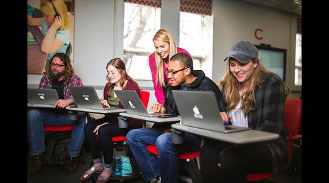 Austin Peay State University students with laptops provided by APSU so they can do courses online. (APSU)