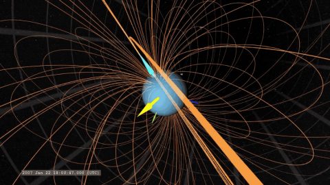 This graphic shows Uranus' magnetic field. The yellow arrow points to the Sun, the light blue arrow marks Uranus' magnetic axis, and the dark blue arrow marks Uranus' rotation axis. (NASA/Scientific Visualization Studio/Tom Bridgman)