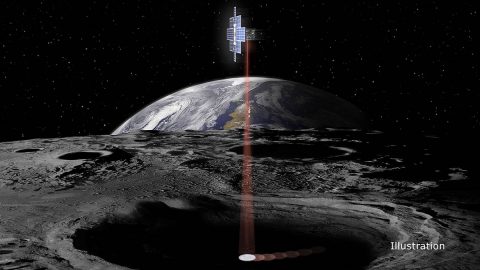 This artist's concept shows the briefcase-sized Lunar Flashlight spacecraft using its near-infrared lasers to shine light into shaded polar regions on the Moon to look for water ice. (NASA/JPL-Caltech)