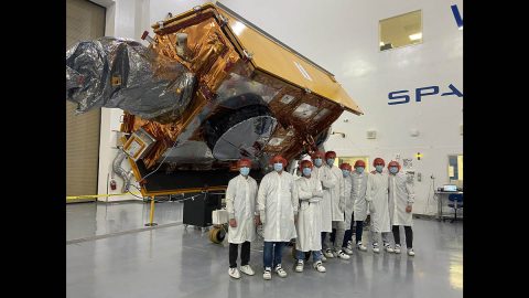 The Sentinel-6 Michael Freilich satellite undergoes final preparations in a clean room at Vandenberg Air Force Base in California for an early November launch. (ESA/Bill Simpson)