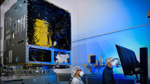 Technicians power on the main body of NASA's Psyche spacecraft, called the Solar Electric Propulsion (SEP) Chassis, at Maxar Technologies in Palo Alto, California, in November 2020. (Maxar Technologies)