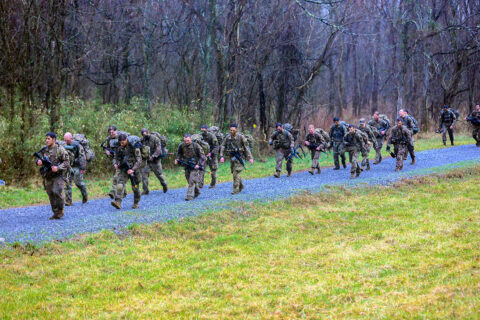 Squad Leaders from 1st Battalion, 506th Infantry Regiment "Red Currahee", 1st Brigade Combat Team "Bastogne", 101st Airborne Division (Air Assault), conduct a culminating foot march during Toccoa Tough II, a leadership professional development course March 8-12, on post. (Sgt. Lynnwood Thomas) 