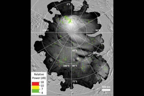 The colored dots represent sites where bright radar reflections have been spotted by ESA’s Mars Express orbiter at Mars’ south polar cap. Such reflections were previously interpreted as subsurface liquid water. Their prevalence and proximity to the frigid surface suggests they may be something else. (ESA/NASA/JPL-Caltech)