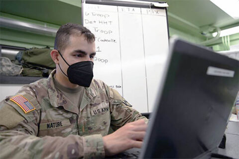 2nd Lt. Axel Nature, platoon leader for the 105th Personnel Company, 230th Sustainment Brigade, leads support operations for incoming Soldiers at the 278th Armored Cavalry Regiment’s eXplorable Combat Training Exercise in Fort Hood, Texas, from June to August 2021. (Pfc. Everett Babbitt)