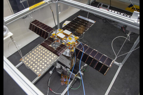 NASA’s NEA Scout spacecraft in Gravity Off-load Fixture, System Test configuration at NASA’s Marshall Space Flight Center in Huntsville, Alabama. (NASA)