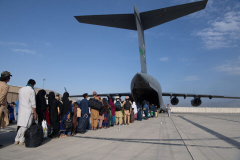 Air Force loadmasters and pilots assigned to the 816th Expeditionary Airlift Squadron, load passengers aboard a U.S. Air Force C-17 Globemaster III in support of the Afghanistan evacuation at Hamid Karzai International Airport, Afghanistan, August 24th, 2021. (Air Force Master Sgt. Donald R. Allen)