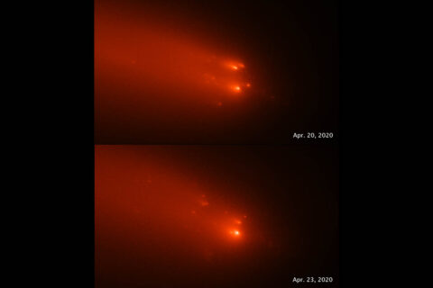 This pair of Hubble Space Telescope images of comet C/2019 Y4 (ATLAS), taken on April 20th and April 23rd, 2020, reveal the breakup of the solid nucleus of the comet. Hubble photos identify as many as 30 separate fragments. The comet was approximately 91 million miles from Earth when the images were taken. (NASA, ESA, Quanzhi Ye (UMD); Image Processing: Alyssa Pagan (STScI))