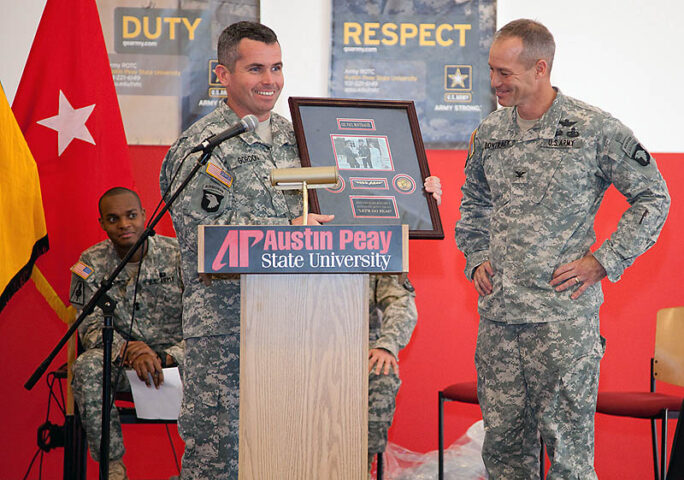 Paul Bontrager, right, at the 40th anniversary celebration of the Austin Peay State University ROTC program. (APSU)