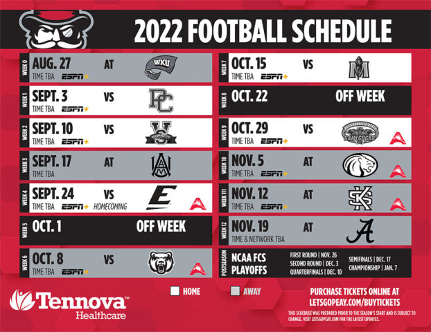 2022 APSU Football Schedule. (APSU Sports Information)