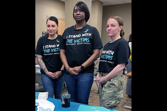 From left, Blanchfield Army Community Hospital staff, Sgt. 1st Class Ashley McCurdy, victim advocate, Ms. Tonika Rizer, sexual assault response coordinator, and Sgt. 1st Class Jennifer Westerman, collateral duty victim advocate are part of the Sexual Harassment/Assault Response and Prevention Program on Fort Campbell, Kentucky. SARCs and victim advocates receive training certified by the National Advocate Credentialing Program and are credentialed through the Department of Defense Sexual Assault Advocate Certification Program. SARCs and victim advocates assist Soldiers with sexual assault reports, providing a 24/7 response capability, and also support commanders with prevention, training and awareness efforts. (Maria Christina Yager, Blanchfield Army Community Hospital)