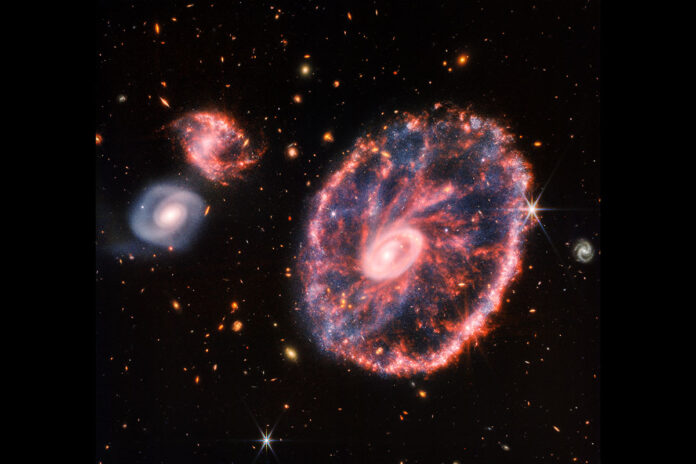 This image of the Cartwheel Galaxy and its companion galaxies is a composite from Webb’s Near-Infrared Camera (NIRCam) and Mid-Infrared Instrument (MIRI). MIRI data is colored red while NIRCam data is colored blue, orange, and yellow. (NASA, ESA, CSA, STScI)