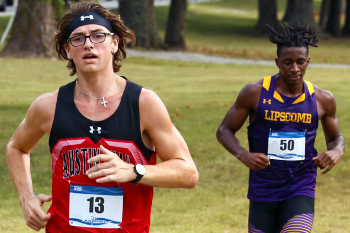 Austin Peay State University men's cross county's Jack Fitzgerald outpaces Lipscomb's Saxon Brown during Friday's Belmont Opener. (APSU Sports Information)