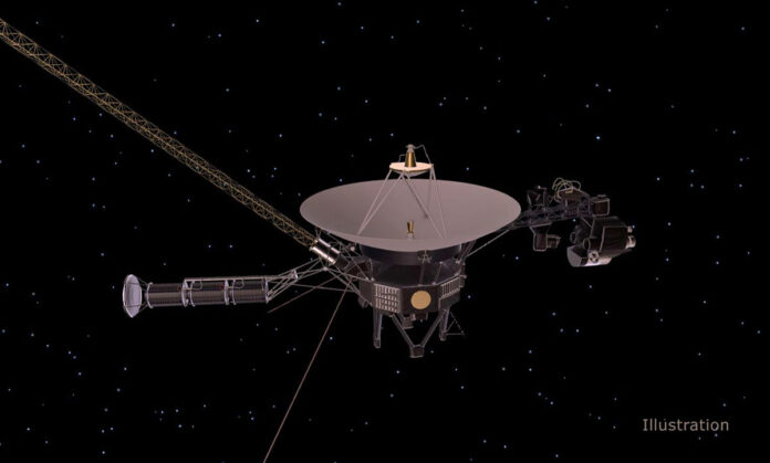Voyager’s high-gain antenna, seen at the center of this illustration of the NASA spacecraft, is one component controlled by the attitude articulation and control system (AACS). (NASA/JPL-Caltech)