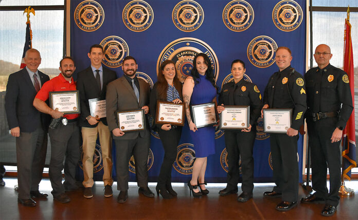 (L to R) Clarksville Mayor Joe Pitts, Det. Clegg, Det. Headley, Det. Heath, Det. Ashford, Samantha Jenkins, Sgt. Hubbard, Sgt Smock, and Clarksville Police Chief David Crockarell. Not pictured Agent Roederer.