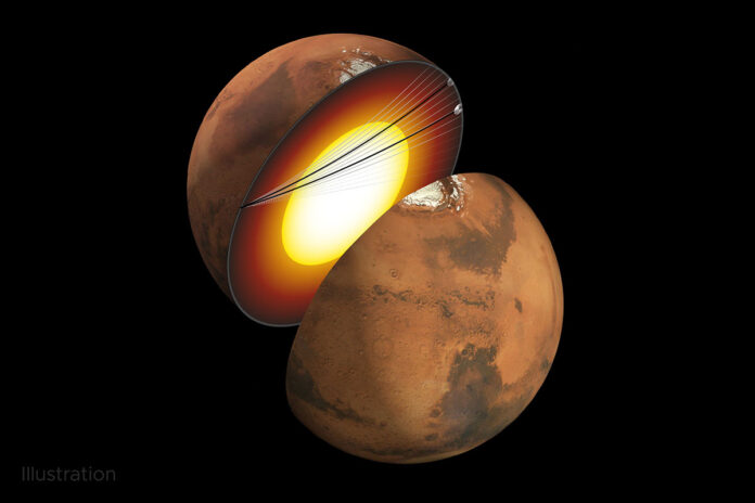 This artist’s concept shows a cutaway of Mars, along with the paths of seismic waves from two separate quakes in 2021. Detected by NASA’s InSight mission, these seismic waves were the first ever identified to enter another planet’s core. (NASA/JPL-Caltech/University of Maryland)