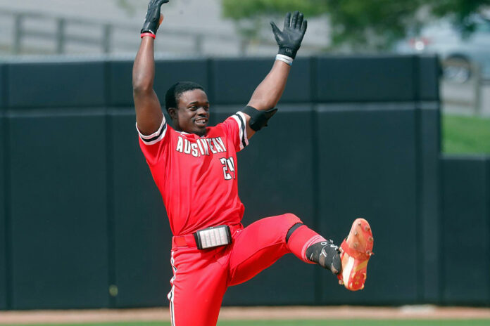 Jaden Brown delivers Austin Peay State University Baseball's walk-off win Sunday over Lipscomb. (Robert Smith, APSU Sports Information)