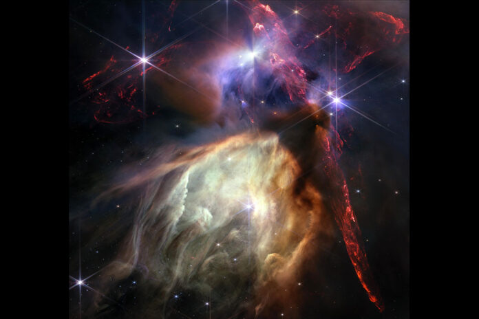 The first anniversary image from NASA’s Webb is of the Rho Ophiuchi cloud complex, the closest star-forming region to Earth. Jets bursting from young stars crisscross the image, impacting the surrounding interstellar gas and lighting up molecular hydrogen, shown in red. )NASA, ESA, CSA, STScI, and K. Pontoppidan (STScI). Image Processing: A. Pagan (STScI))