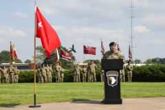 Col. Phillip J. Kiniery, deputy commanding officer-operations, 101st Airborne Division (Air Assault), delivers a speech at an Honor Eagle Ceremony at Fort Campbell, KY, August 22nd, 2023. The ceremony was held to welcome Kiniery to the division. (Sgt. Caleb Pautz, 101st Airborne Division)