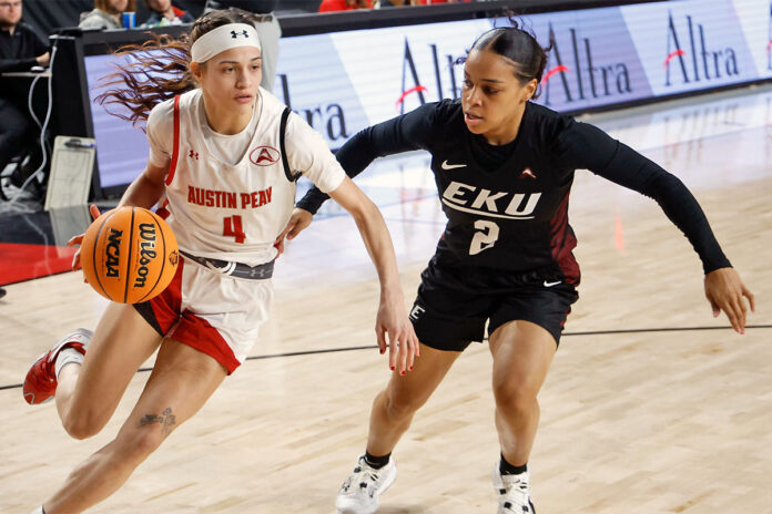 Austin Peay State University Women's Basketball Holds Eastern Kentucky to Season-Low Shooting, Wins 62-52 at F&M Bank Arena. (APSU Sports Information)