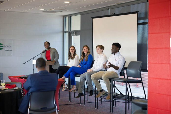 Austin Peay State University students participate in a panel as part of the Leadership Exchange program for school district leaders. (Ally Shemwell, APSU student)