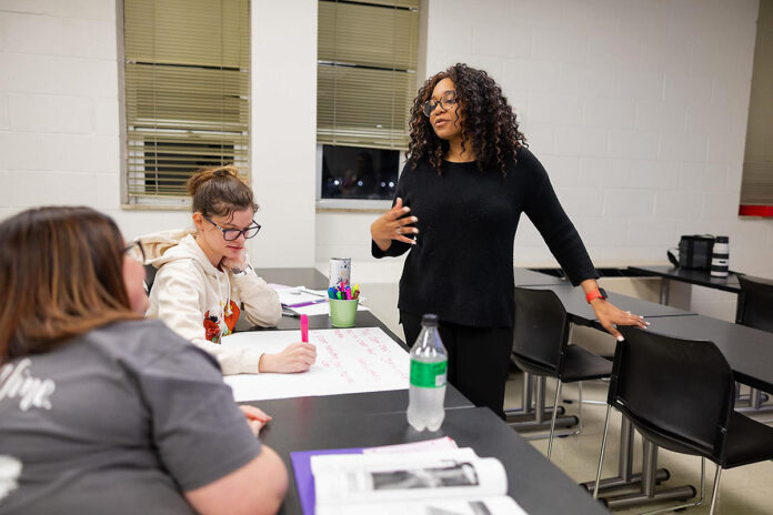 Austin Peay State University TECTA Coordinator Gerrika Calloway works with students during an Infant/Toddler Orientation session hosted on February 22nd. (Sean McCully, APSU)