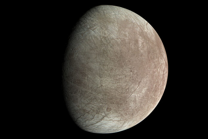 Jupiter’s moon Europa was captured by the JunoCam instrument aboard NASA’s Juno spacecraft during the mission’s close flyby on Sept. 29th, 2022. The images show the fractures, ridges, and bands that crisscross the moon’s surface. (NASA/JPL-Caltech/SwRI/MSSS. Image processing: Björn Jónsson (CC BY 3.0))