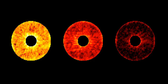 This graphic shows a test of the Roman Coronagraph Instrument that engineers call “digging the dark hole.” At left, starlight leaks into the field of view when only fixed components are used. The middle and right images show more starlight being removed as the instrument’s moveable components are engaged. (NASA/JPL-Caltech)