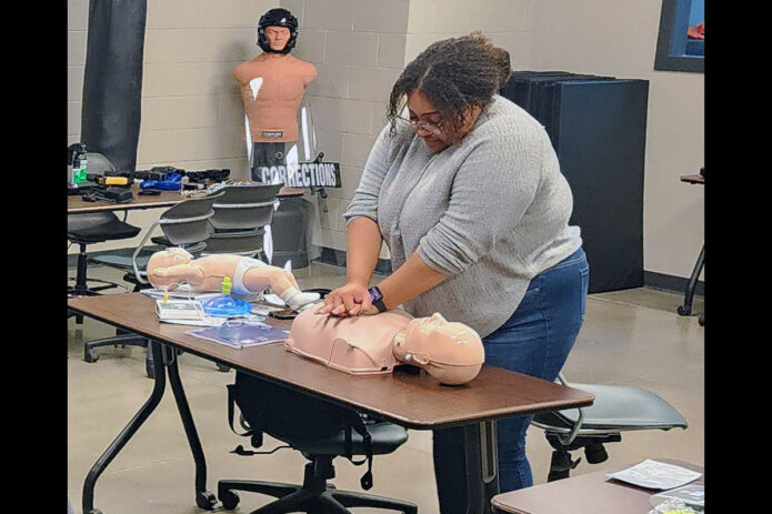 TCAT Dickson Clarksville Campus student Zaria Heinrich practices skills to get her Basic First Aid certification. Heinrich enrolled in the Criminal Justice: Correctional Officer program at the Clarksville extension campus where she plans to graduate in August.