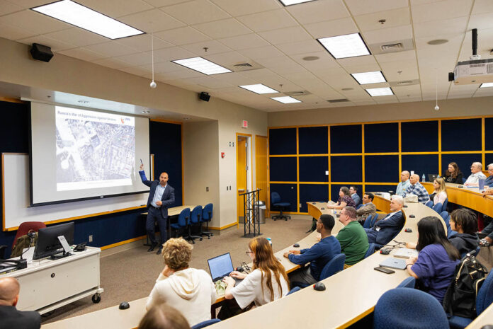 Dr. Timo Graf, a senior researcher from Germany’s Bundeswehr Centre of Military History and Social Science, delivers a lecture at Austin Peay State University as part of the INSMS Speaker Series. (Ally Shemwell, APSU)