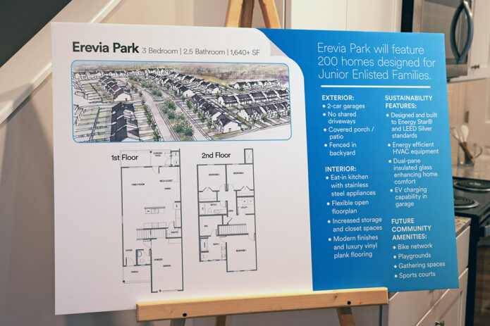 Erevia Park will feature 200 homes designed with junior enlisted families in mind. The three-bedroom homes feature modern layouts with eat-in kitchens, granite countertops, stainless steel appliances, and flexible open spaces. Additional amenities, such as oversized garages, covered patios, and fully fenced yards, enhance convenience and privacy for residents. Sustainability is at the core of Erevia Park, with all homes built to Energy Star certification and LEED Silver standards. Energy-efficient HVAC systems, low-carbon concrete slabs, LED lighting, and garage conduits prepared for electric vehicle charging reflect its forward-thinking design. (Jerry Woller, Fort Campbell Multimedia Visual Information Service Center}